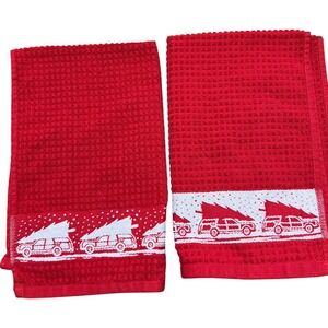 Vintage CASABA Christmas Kitchen Towels Set of 2 Red Truck Tree Farm Holiday
